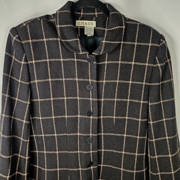 Chaus Women's Black Vintage Plaid Lambs Wool Double Breasted Career Blazer Sz 12 - Picture 2 of 8